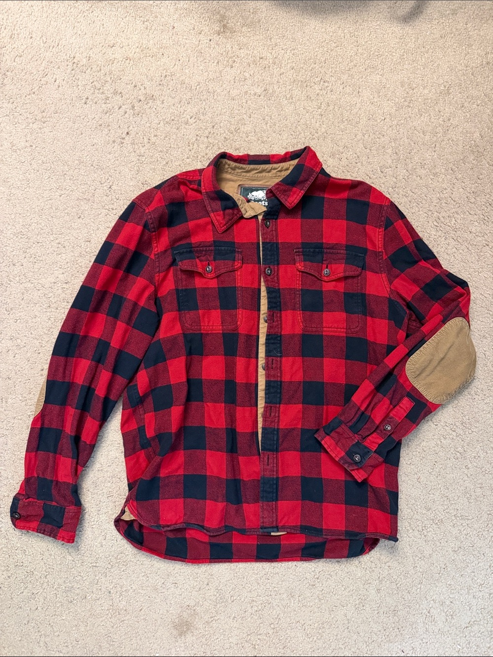 Roots Red & Black Buffalo Plaid Men's Shirt Jacket with Tan Elbow Patches
